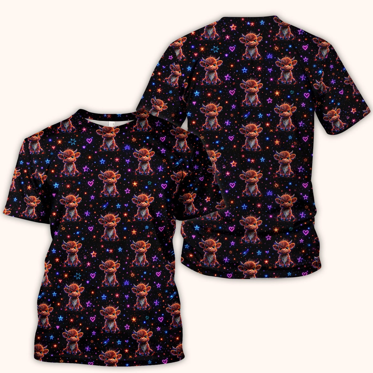Neon Highland Cow Stars Nurse Scrub Top