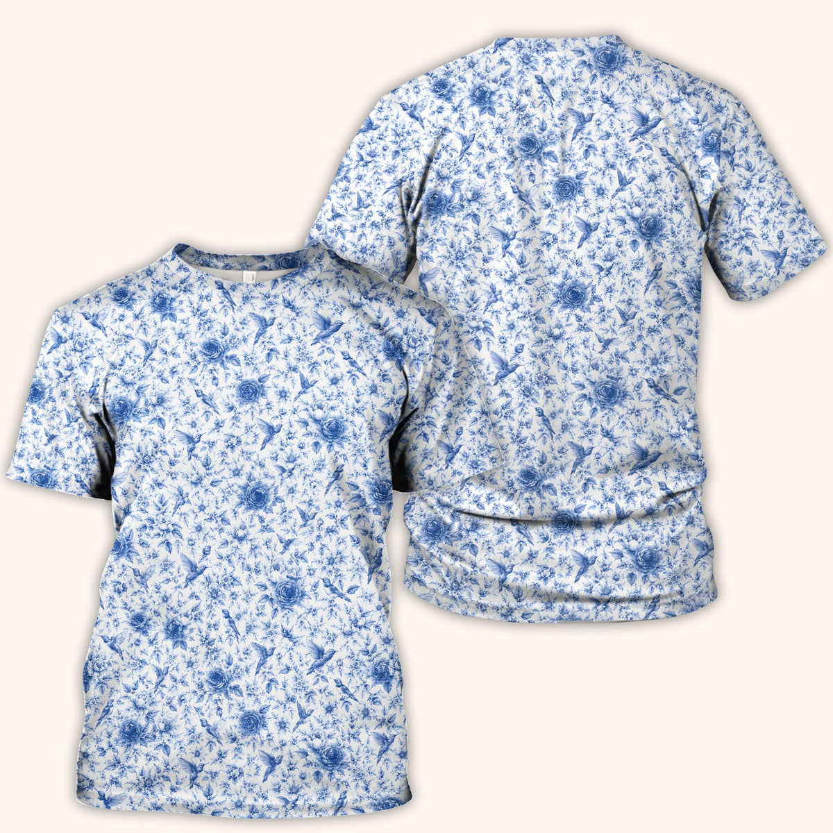 Blue Floral Hummingbird Toile Nurse Scrub Top