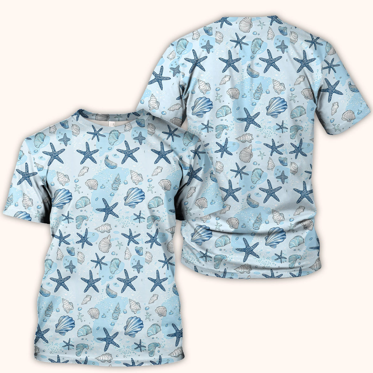 Ocean Shell And Starfish Print Scrub Top, Breathable Fabrics Nursing Uniform