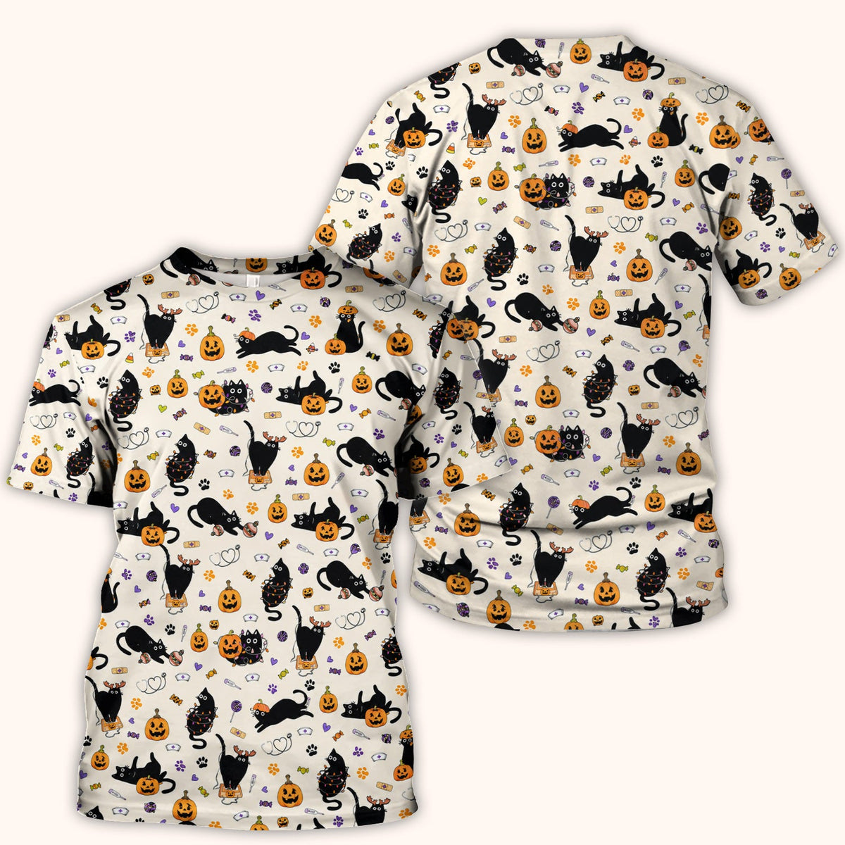 Pumpkin Black Cat Nurse Scrub Top