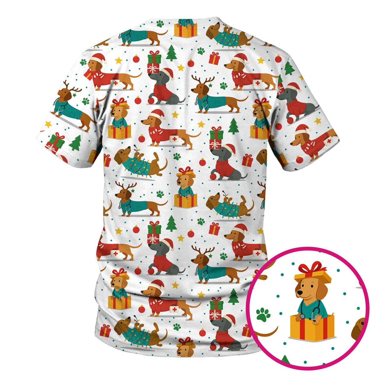 Dachshund Scrub Top Christmas - Cute Dog Nurse Shirt - Holiday Medical Scrubs Gift for Women CNA RN Doctor