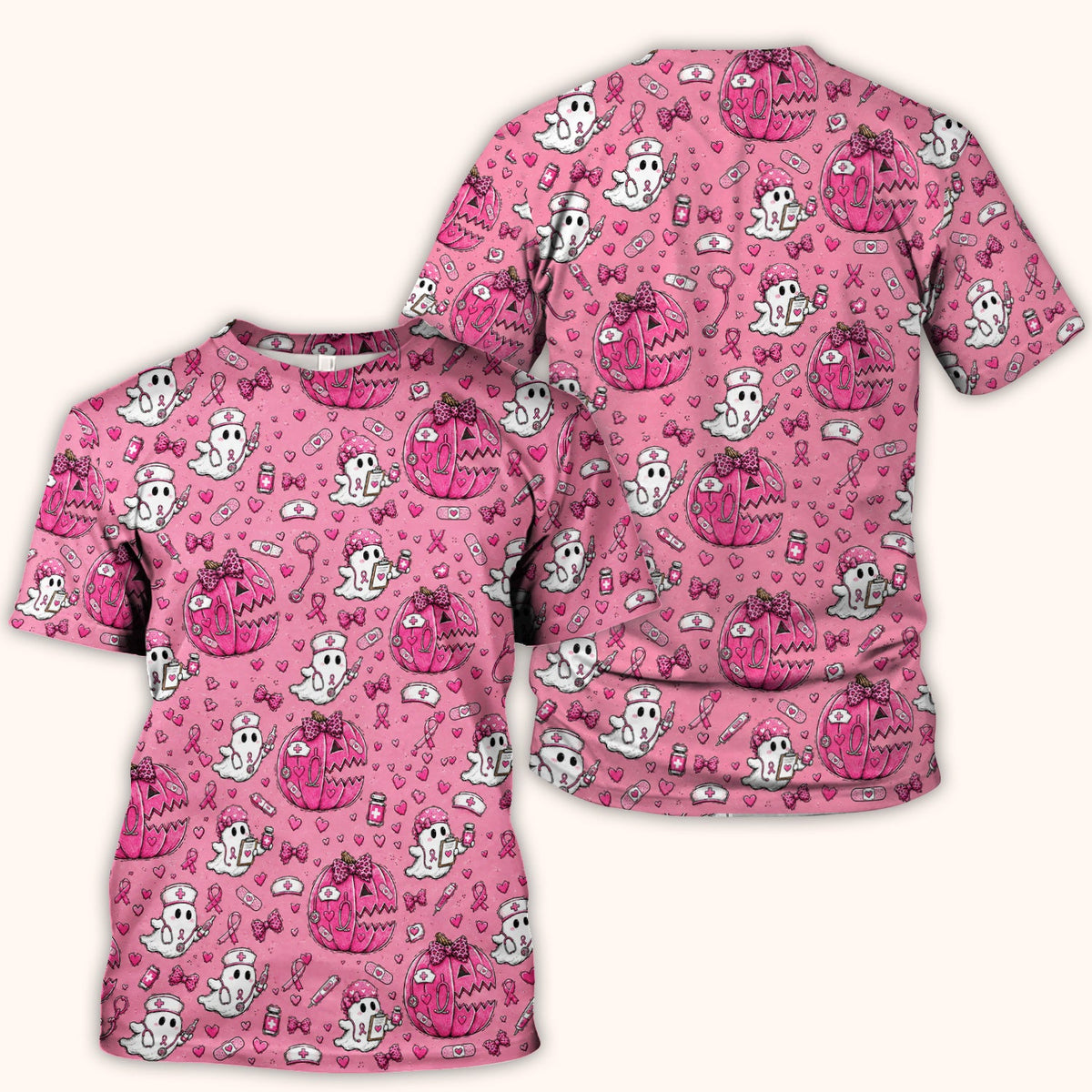 Pink Ribbon Ghost Pattern Nurse Scrub Top