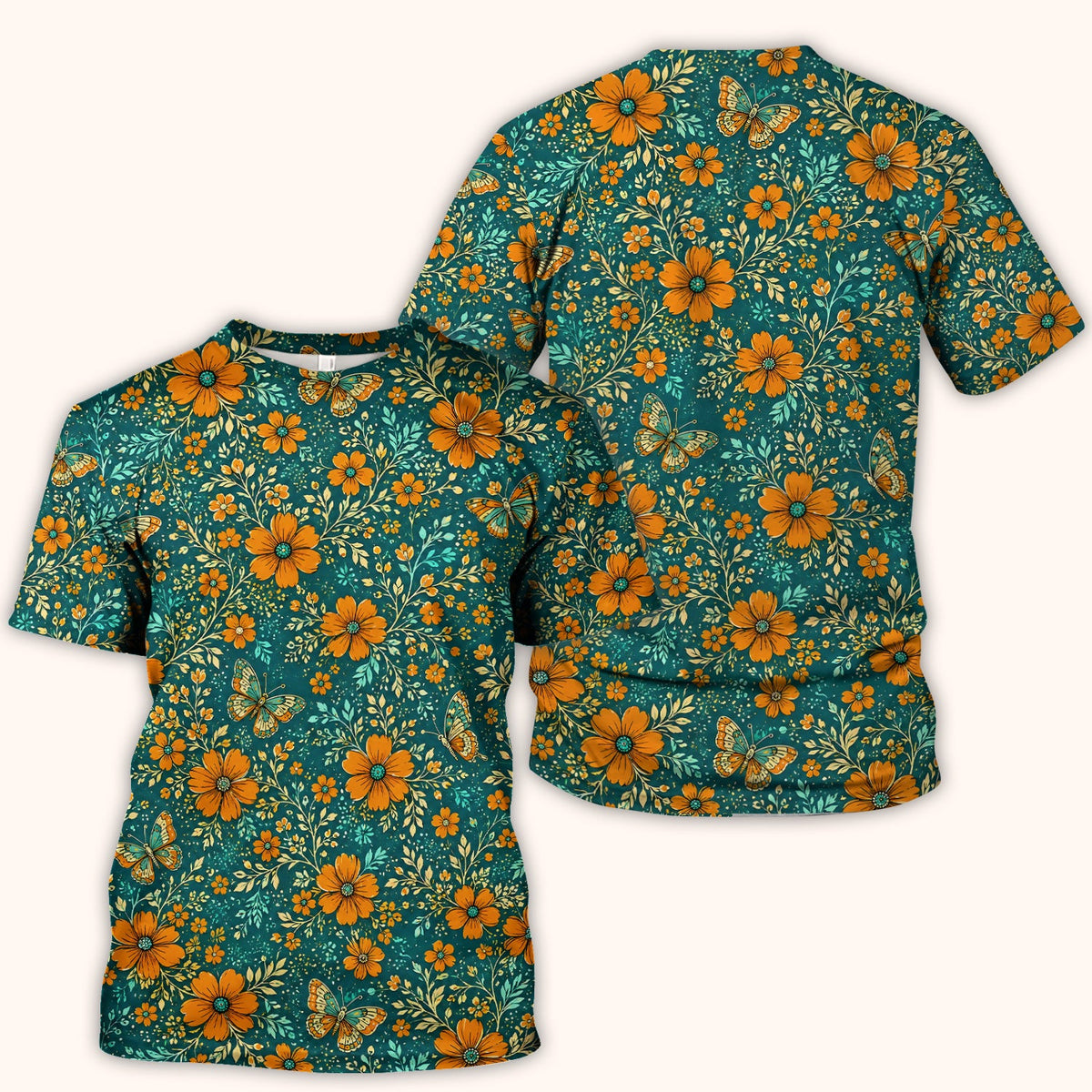 Orange Floral Butterfly Vine Nurse Scrub Top