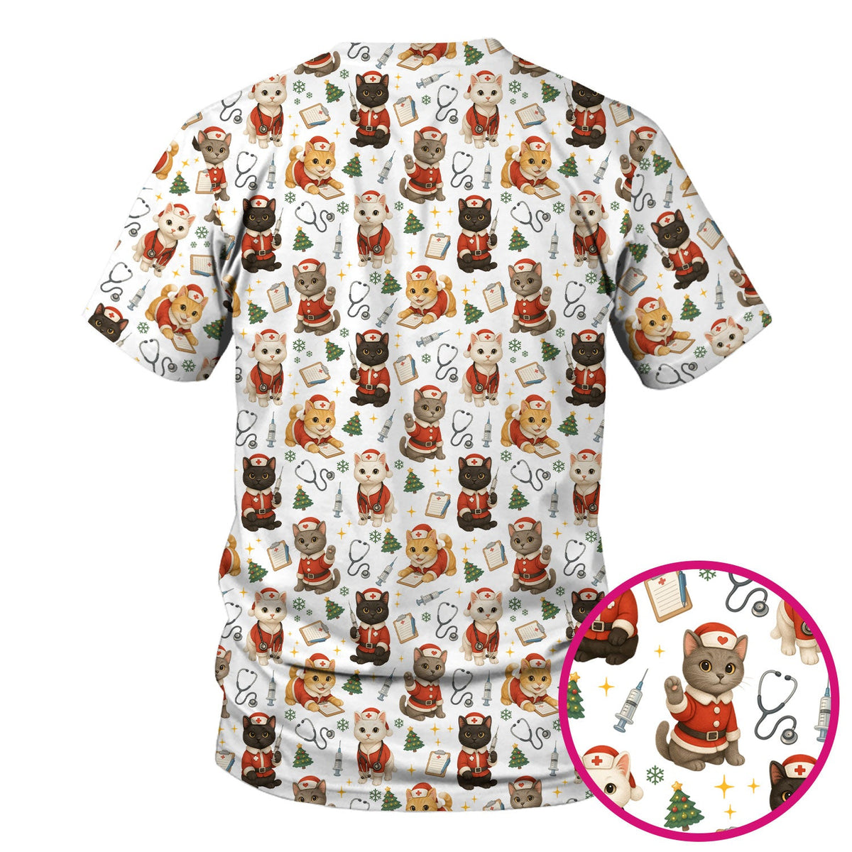 Funny Nurse Scrub Top for Women - Christmas Lucky Cat Design - Cute Holiday Nursing Shirt Gift for RN LPN CNA