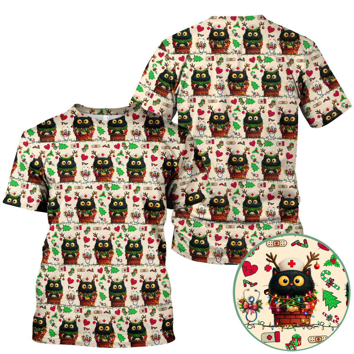 Reindeer Cat Christmas Lights Nurse Scrub Top