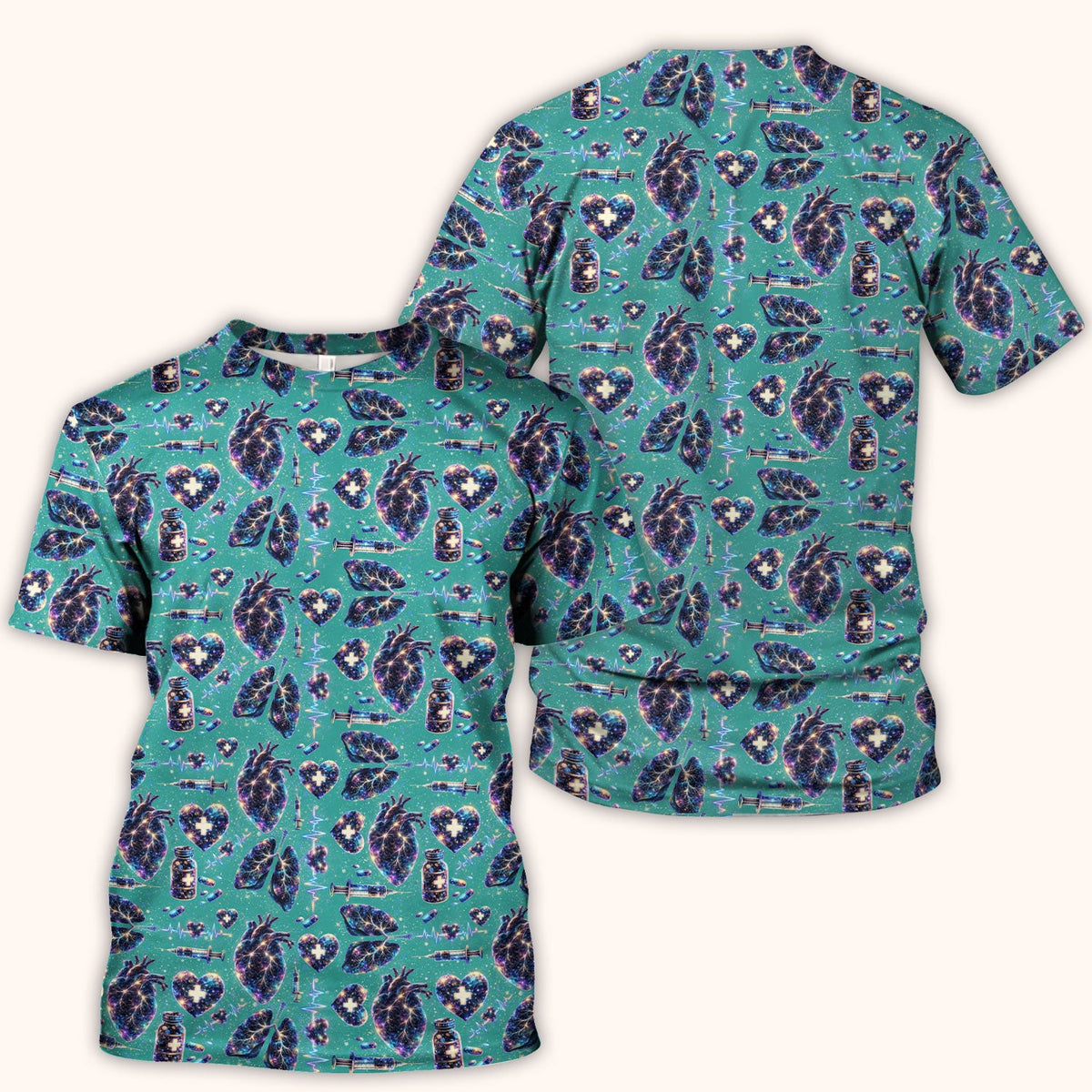 Galaxy Anatomical Heart Lung Syringe Nurse Scrub Top