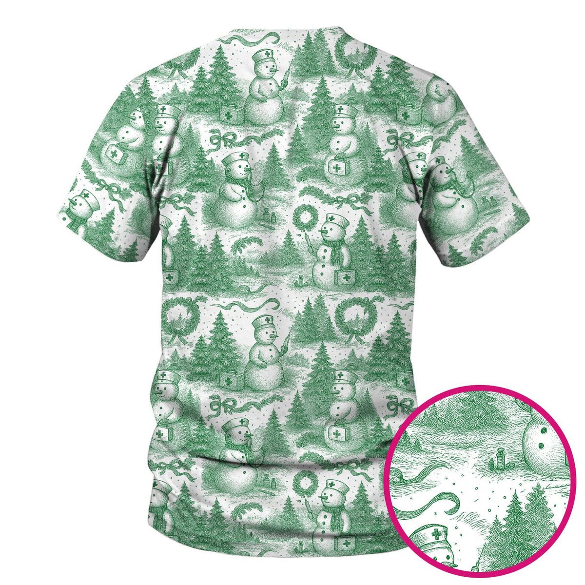 Christmas Scrub Top for Women – Toile de Jouy Snowman and Medical Pattern – Vintage Holiday Nurse Scrubs for Festive Season