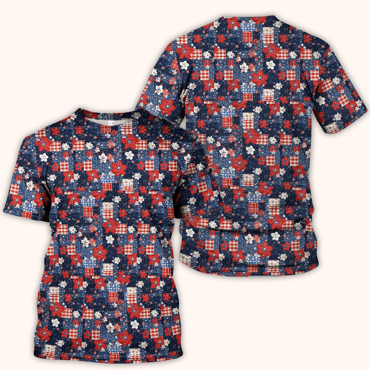 Patriotic Gingham Floral Patchwork Pattern Scrub Top, Comfortable Scrubs for Nurses
