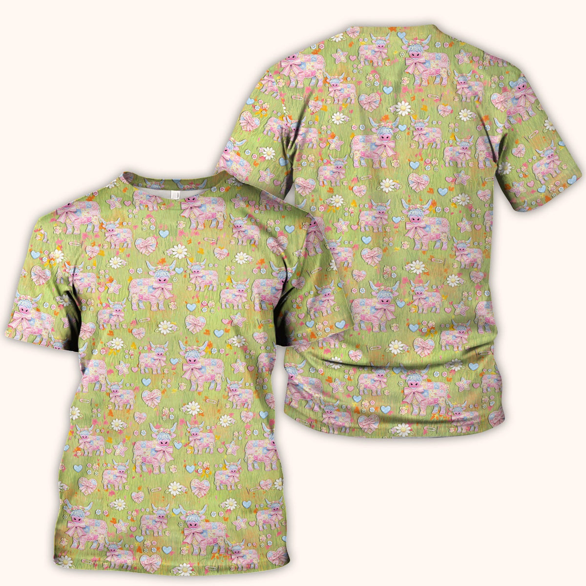 Cute Girly Cow Daisy Pastel Pattern Scrub Top, Comfortable Scrubs for Nurses