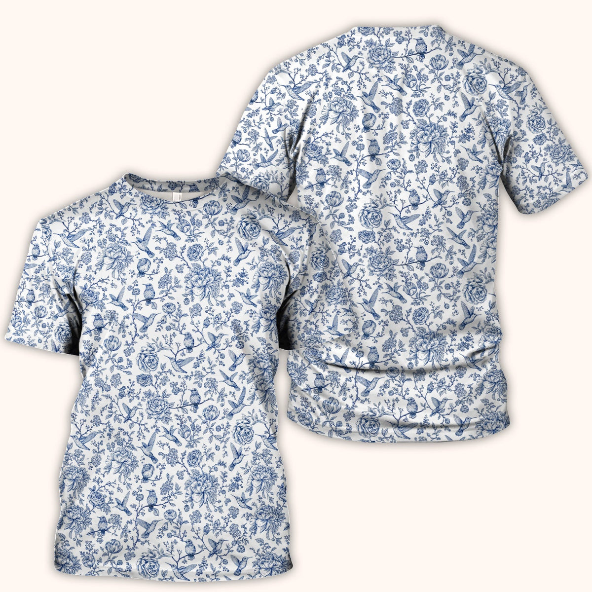 Blue Toile Hummingbird Floral Nurse Scrub Top