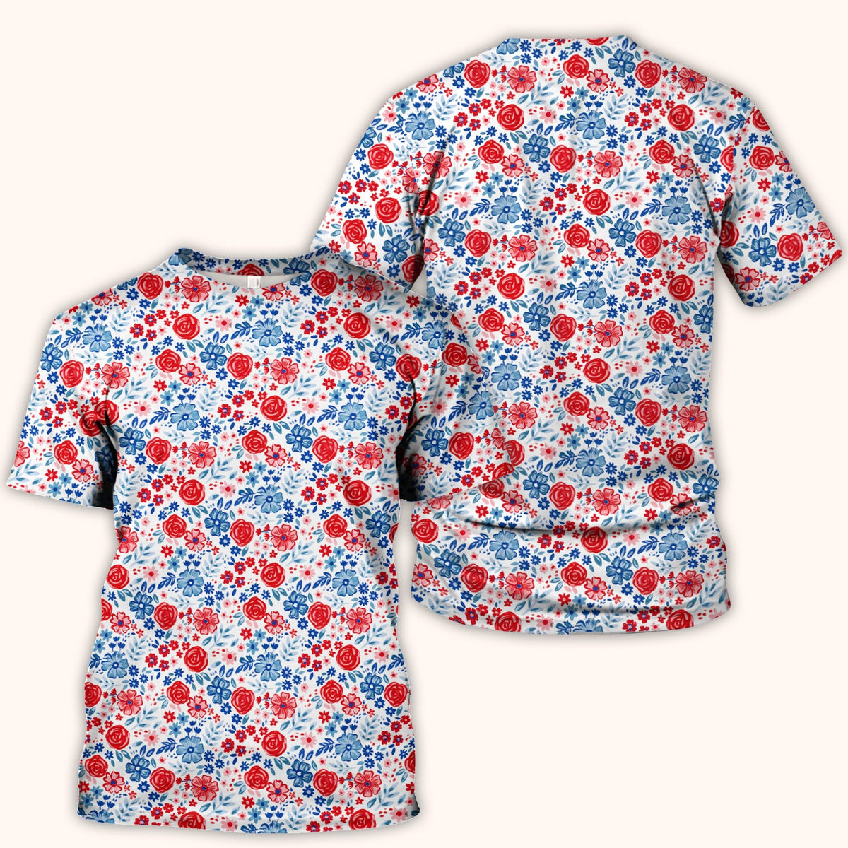 Red Blue Floral Garden Blossom Nurse Scrub Top