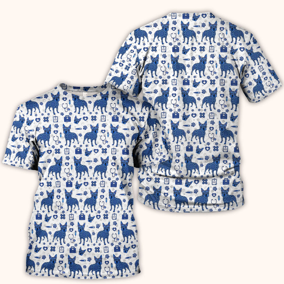 Blue Heeler Australian Cattle Dog Scrub Top, Australia Dot Art Pattern Shirt, Breathable Fabrics Nursing Uniform