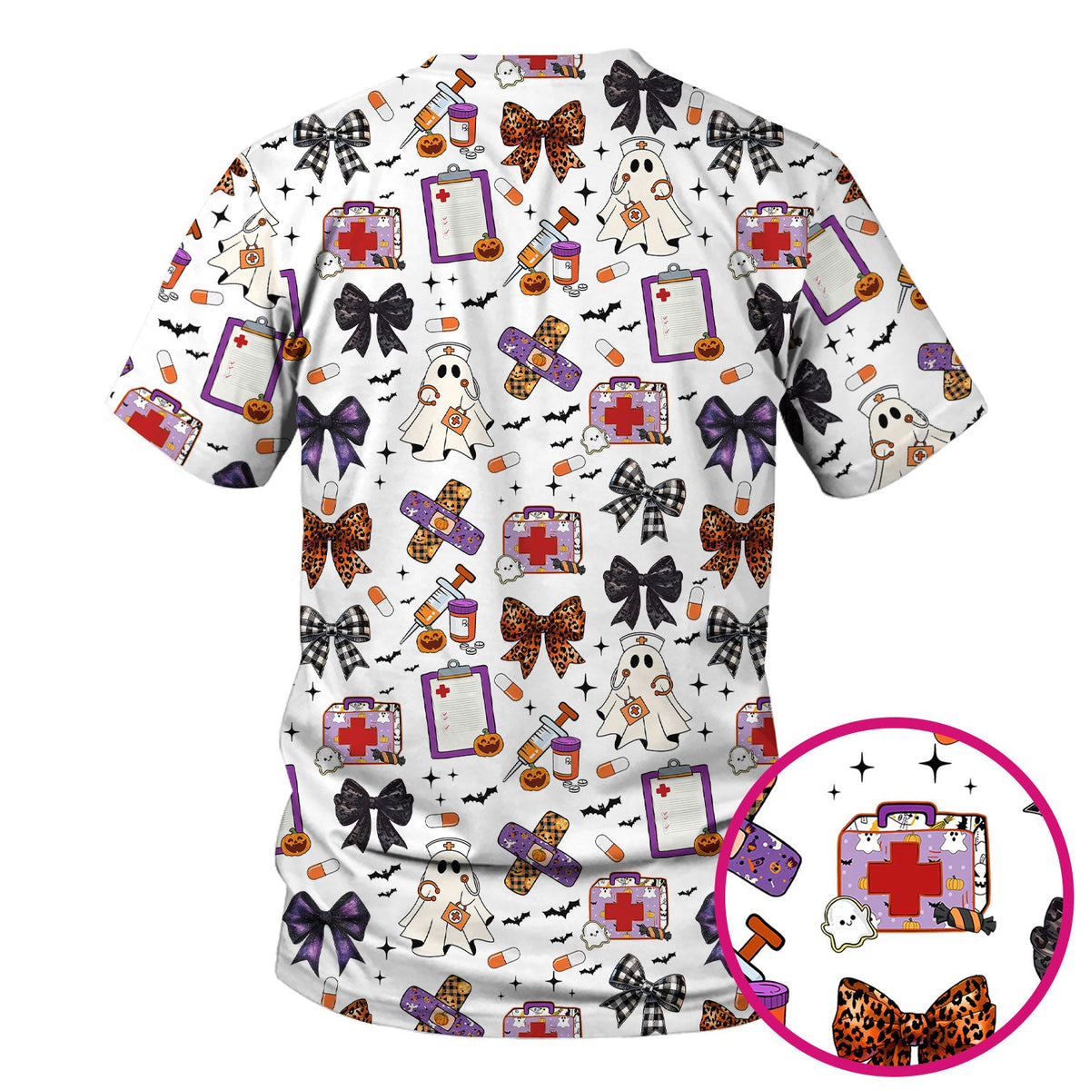 Spooky Ghost Pumpkin Bow Nurse Scrub Top