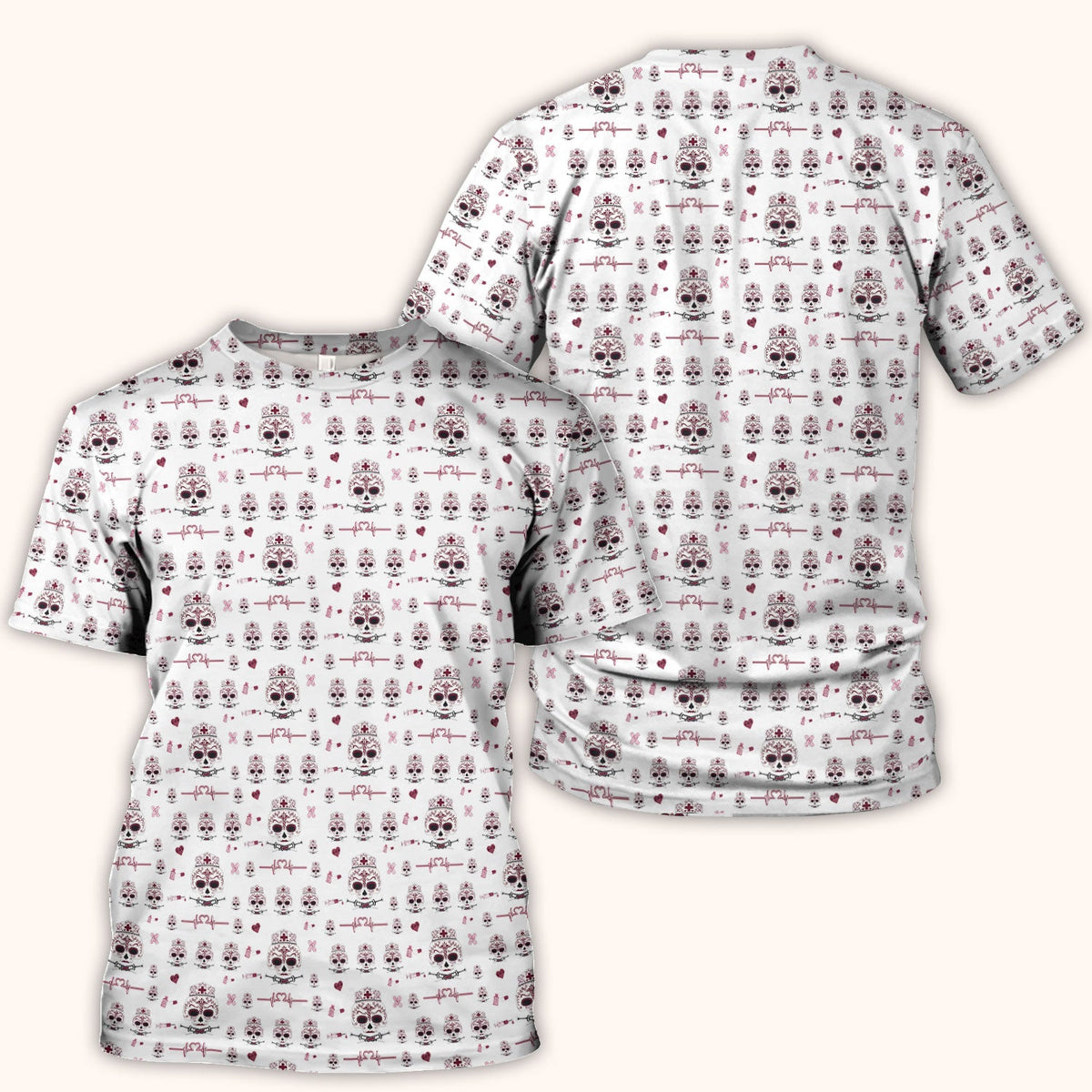 Sugar Skull Scrub Top, Skull Pattern Scrub Shirt, Breathable Fabrics Nursing Uniform
