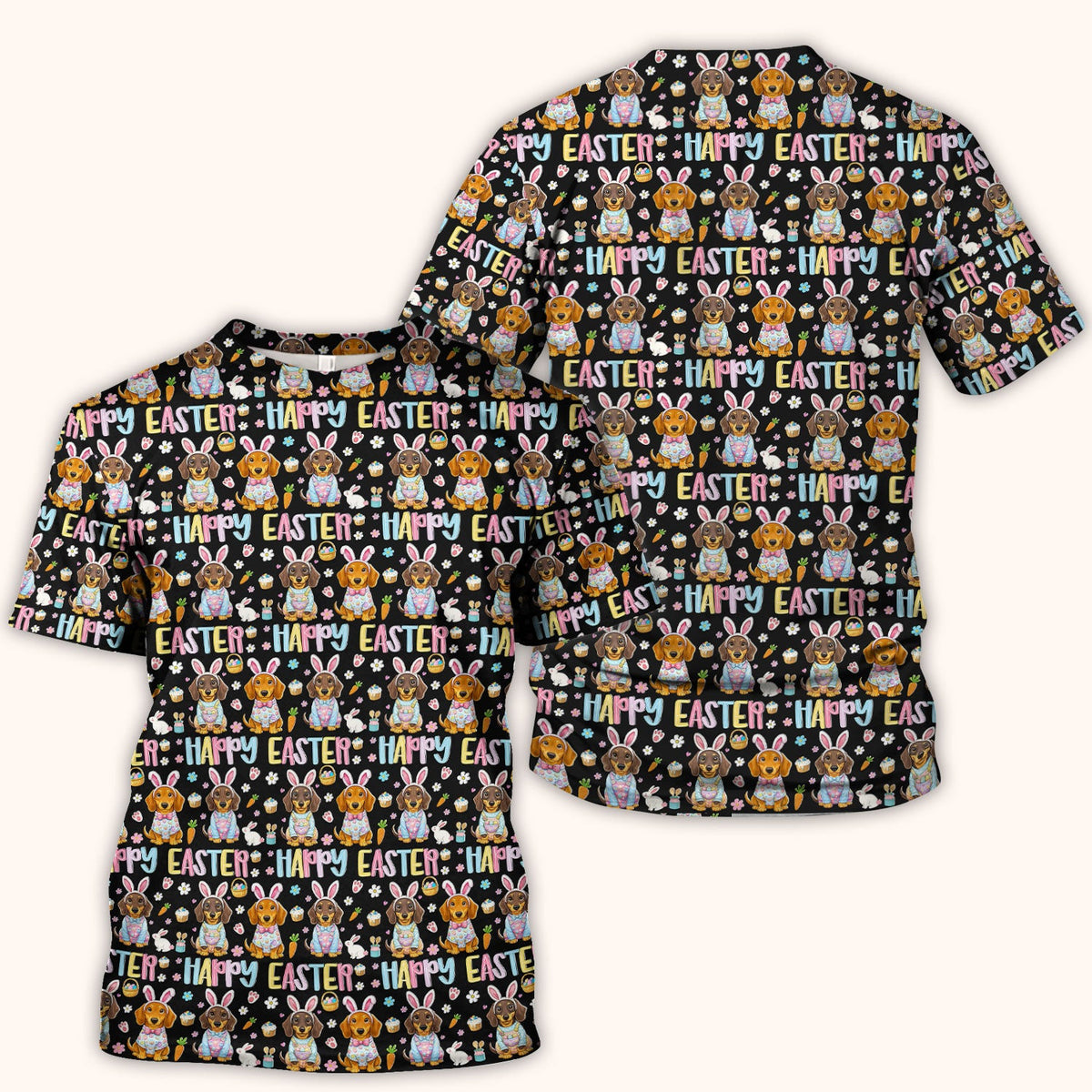 Happy Easter Dachshund Bunny Print Scrub Top, Comfortable Scrubs for Nurses