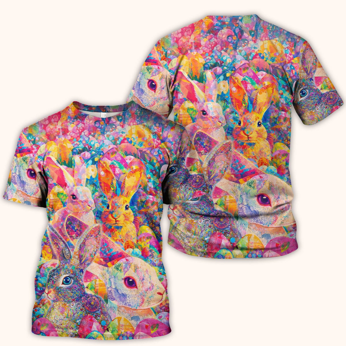 Colorful Artistic Bunny Print Scrub Top, Breathable Fabrics Nursing Uniform, Easter