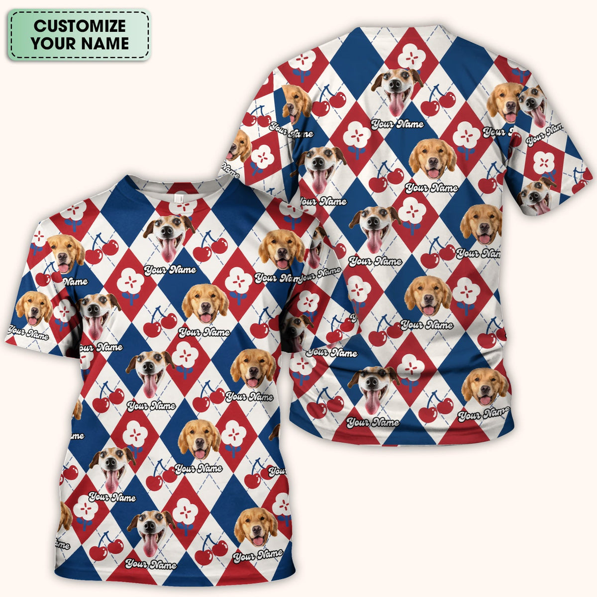 Dog Face Cherry Argyle Nurse Scrub Top