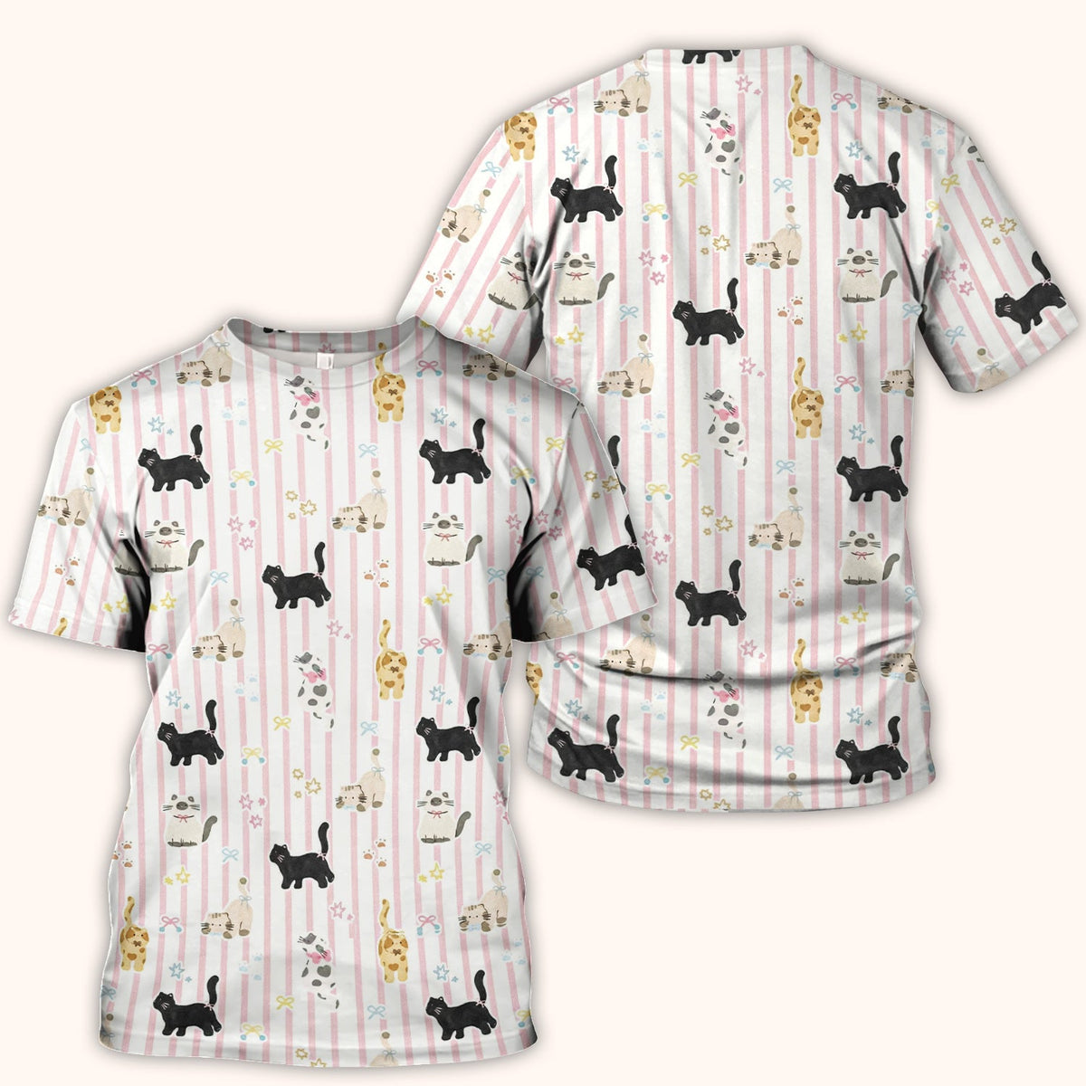Playful Cat Stripe Ribbon Nurse Scrub Top