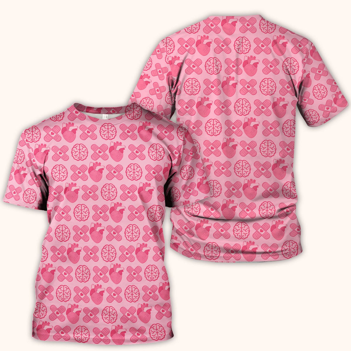 Heart & Brain Medical Icon Pattern Scrub Top, Breathable Fabrics Nursing Uniform