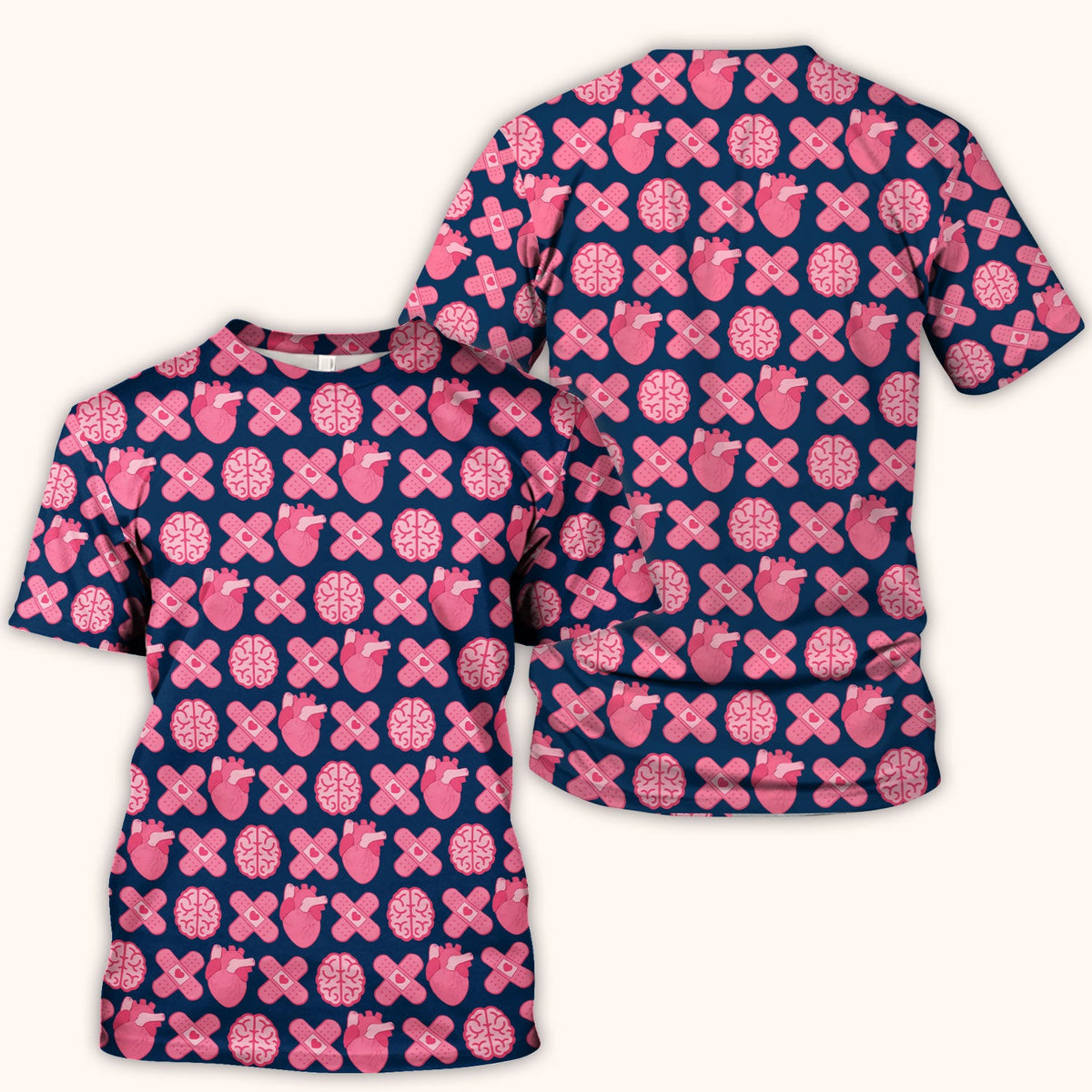 Heart & Brain Medical Icon Pattern Scrub Top, Breathable Fabrics Nursing Uniform