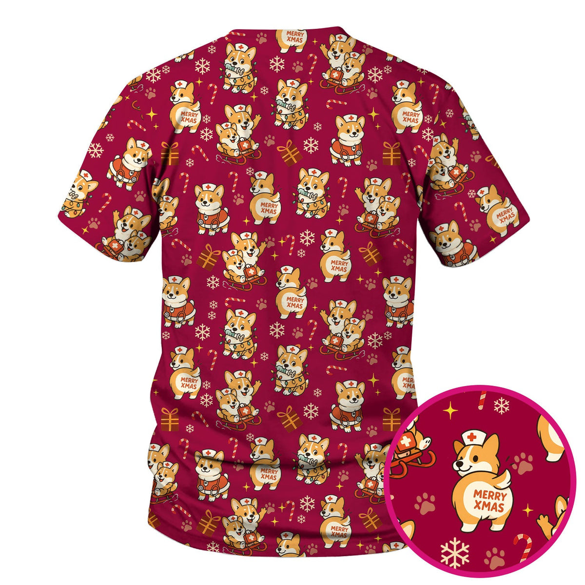 Cute Corgi Dog Scrubs for Christmas - Festive Puppy Pattern Medical Scrub Top - Holiday Christmas Scrubs with Charming Corgi Print