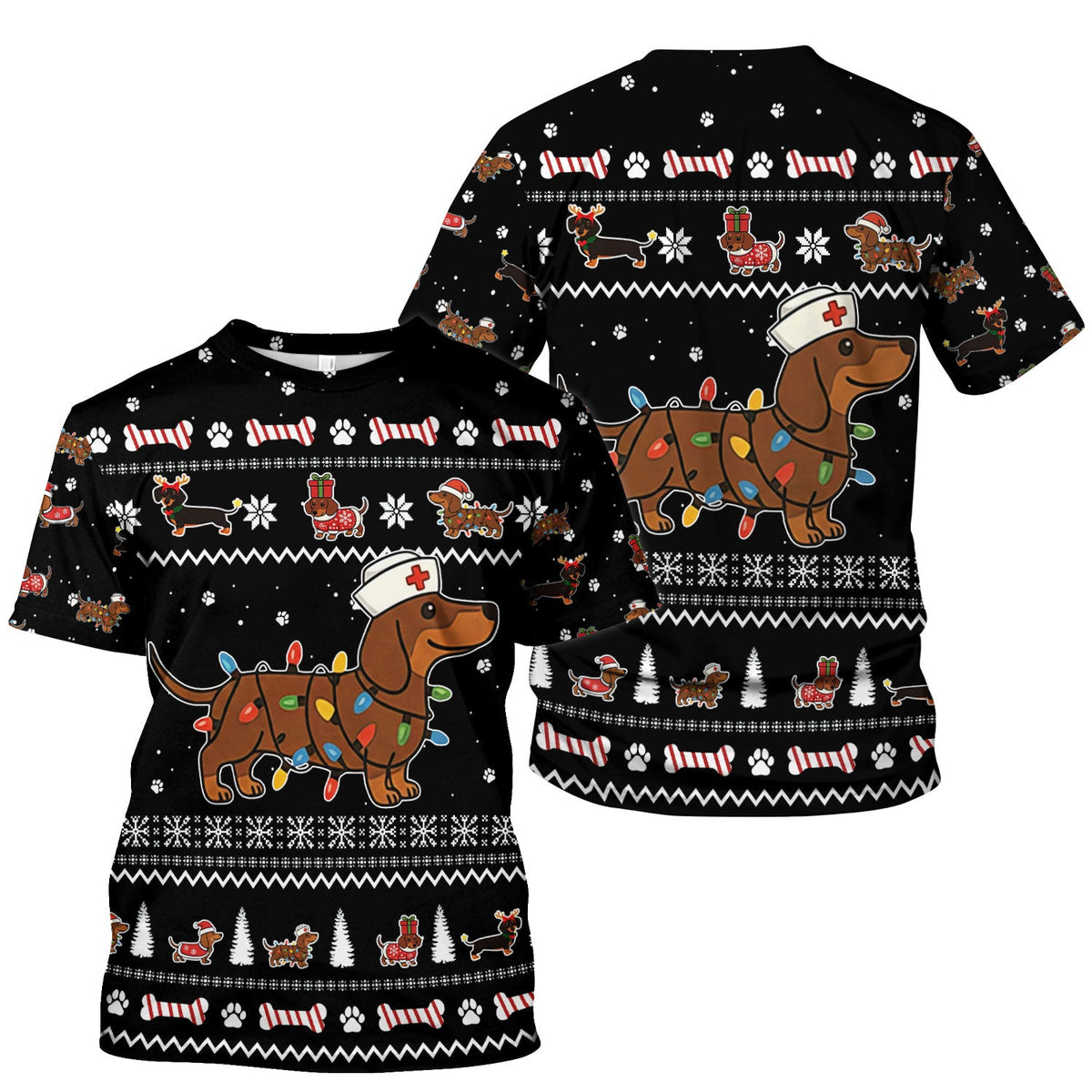Christmas Dachshund Nurse Scrub Top for Women - Cute Sausage Dog Wearing Lights - Funny Holiday Medical Shirt Gift for RN CNA LPN