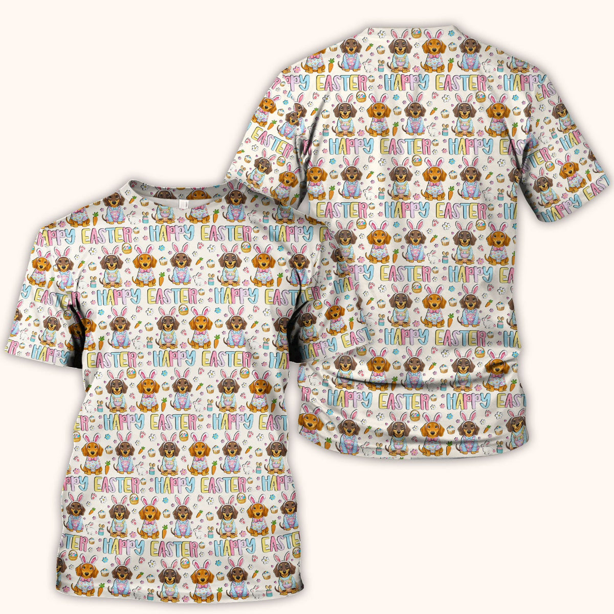 Happy Easter Dachshund Bunny Print Scrub Top, Comfortable Scrubs for Nurses