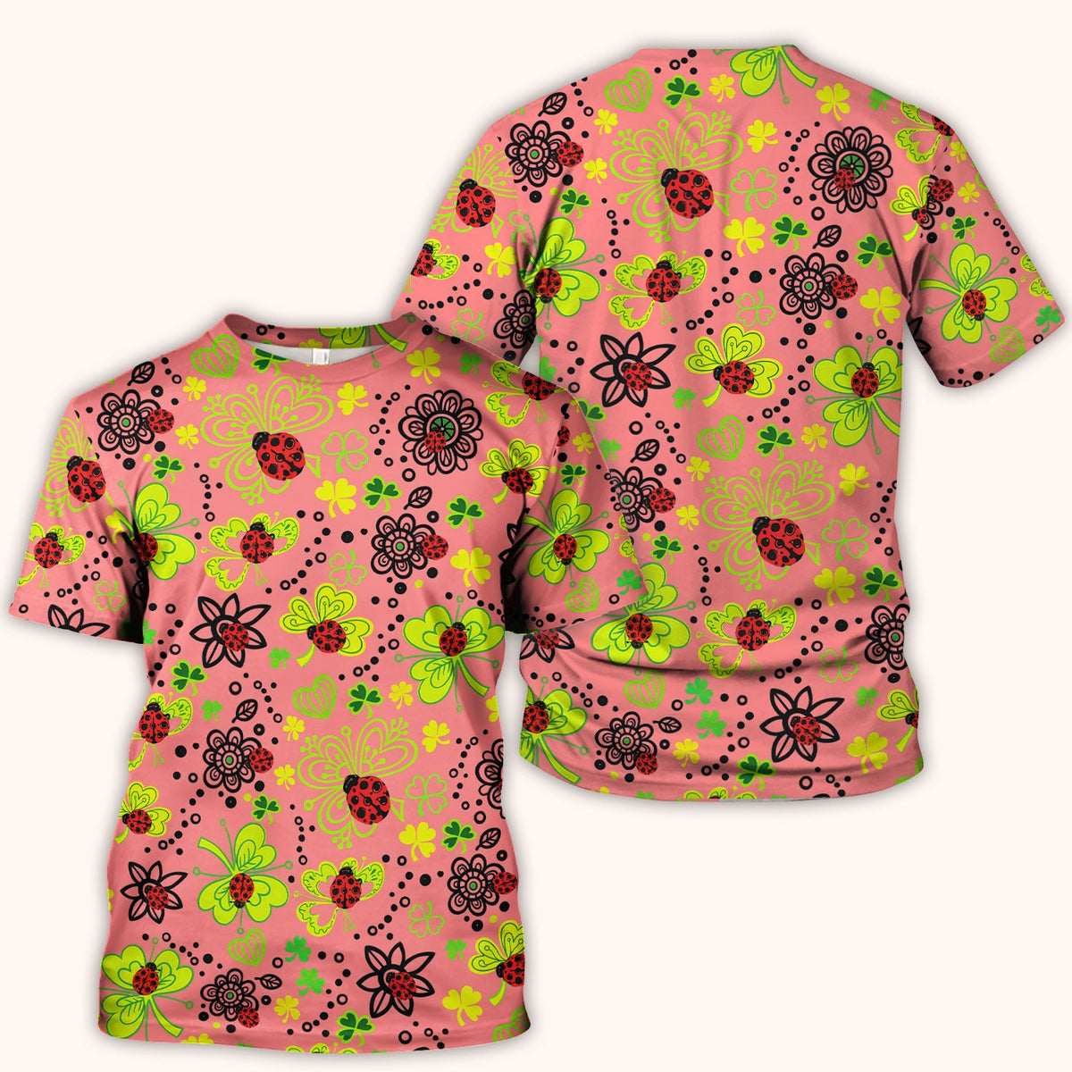 Ladybug Clover Floral Pattern Print Scrubs Nurses, Breathable Fabrics Nursing Uniform