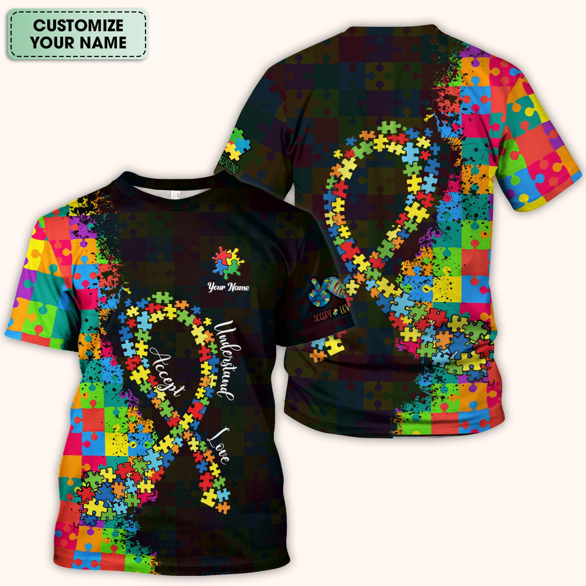 Personalized Autism Puzzle Ribbon Colorful Print Scrub Top, Comfortable Scrubs for Nurses