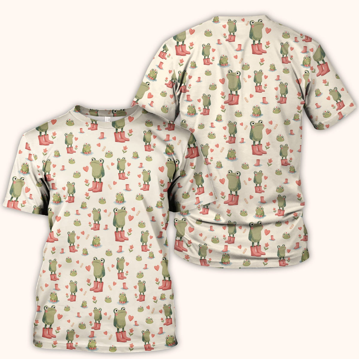 Adorable Frog Boots Heart Pattern Scrub Top, Comfortable Scrubs for Nurses