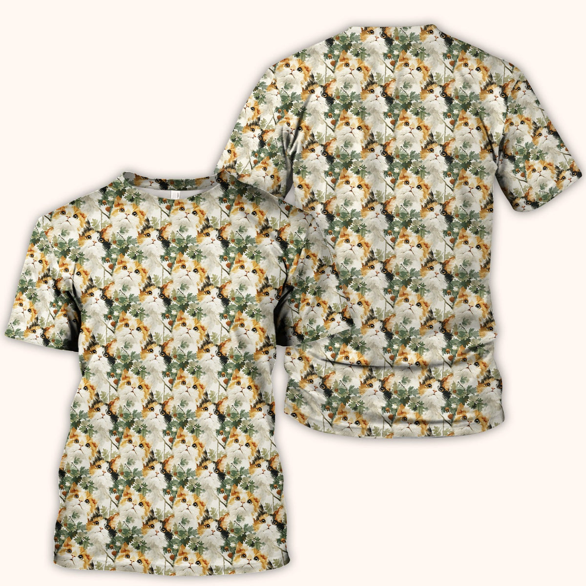 Fluffy Calico Cat Oak Leaves Nurse Scrub Top