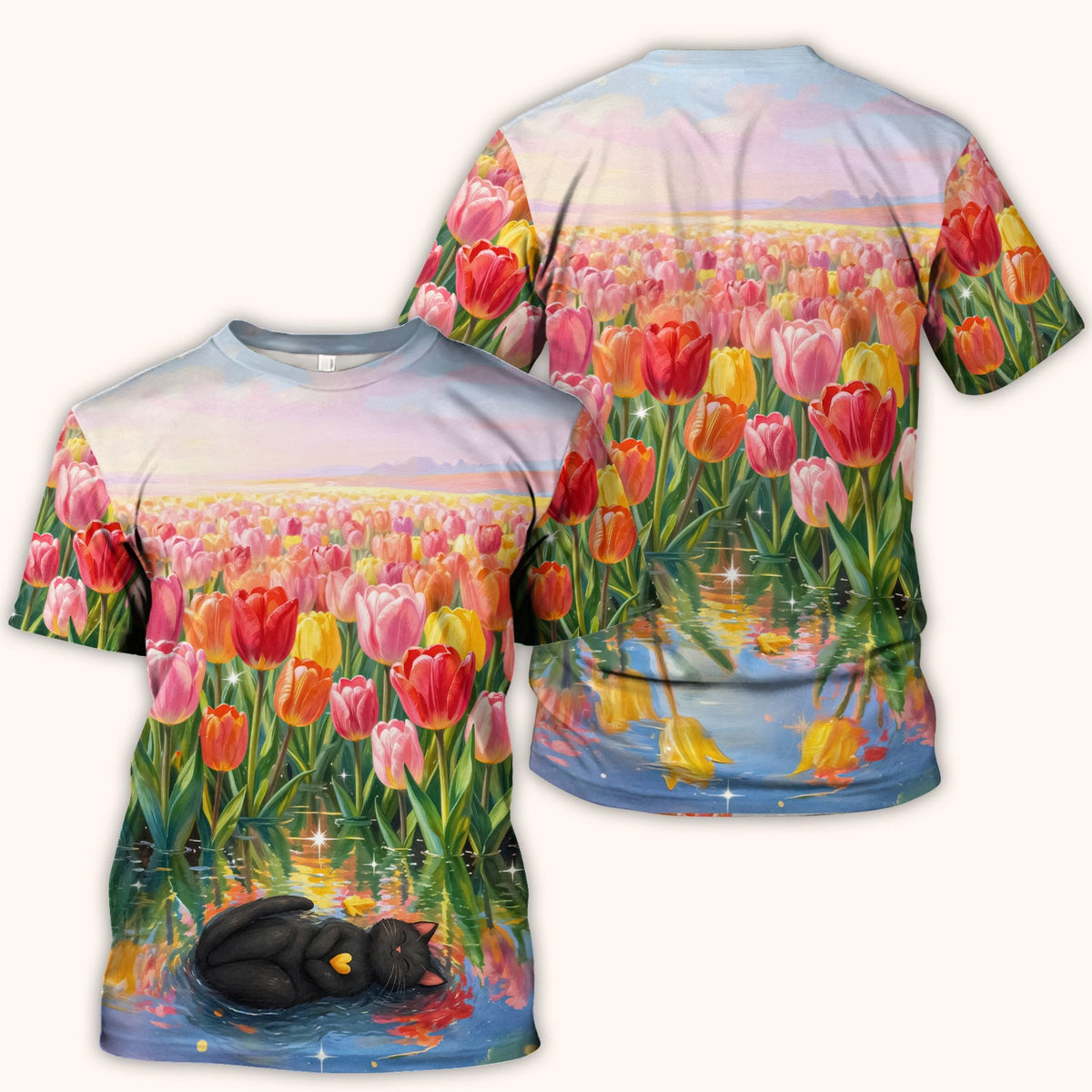 Sleeping Black Cat Tulip Field Nurse Scrub Top