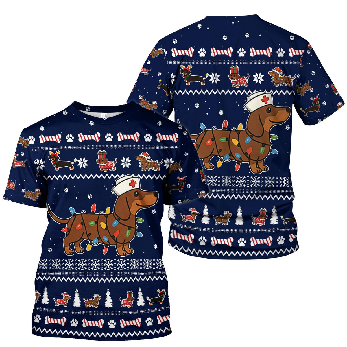 Christmas Dachshund Nurse Scrub Top for Women - Cute Sausage Dog Wearing Lights - Funny Holiday Medical Shirt Gift for RN CNA LPN