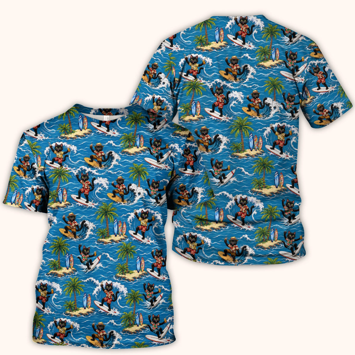 Tropical Black Cat Surfer Island Nurse Scrub Top