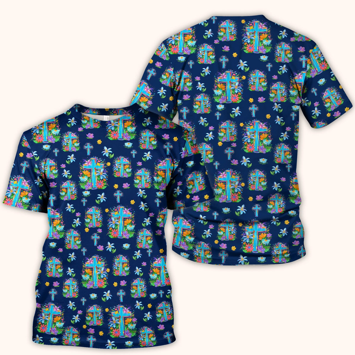 Christian Floral Cross Spring Pattern Scrub Top, Comfortable Scrubs for Nurses