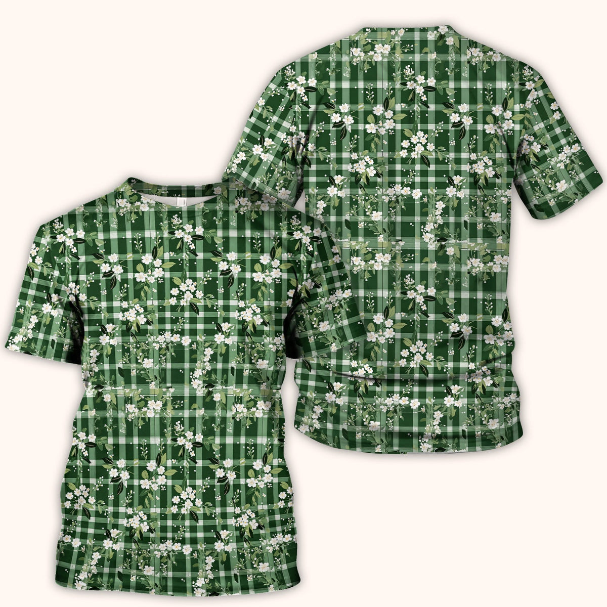Green Gingham Floral Nurse Scrub Top