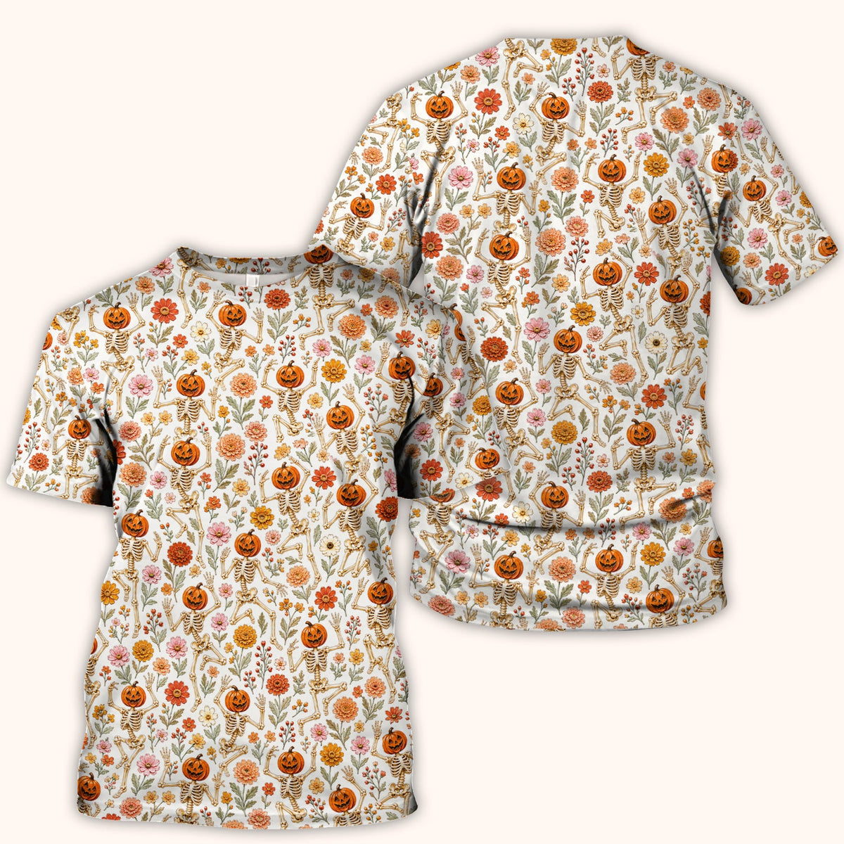 Pumpkin Skeleton Floral Nurse Scrub Top - Halloween Gift
