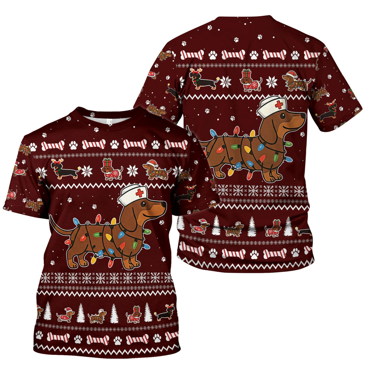 Christmas Dachshund Nurse Scrub Top for Women - Cute Sausage Dog Wearing Lights - Funny Holiday Medical Shirt Gift for RN CNA LPN