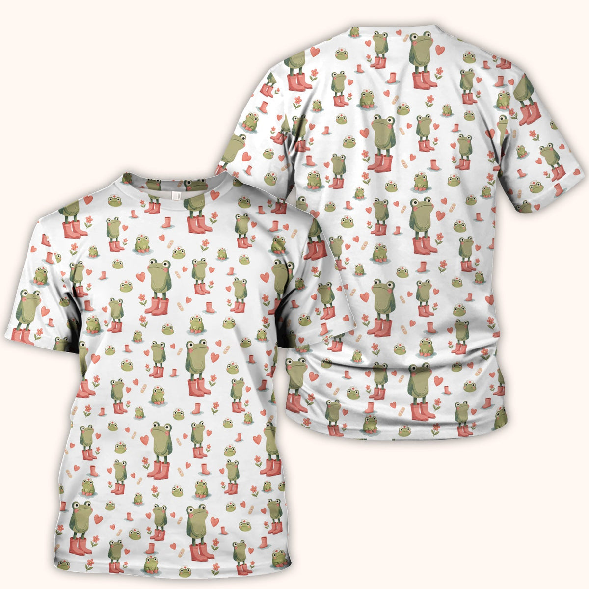 Adorable Frog Boots Heart Pattern Scrub Top, Comfortable Scrubs for Nurses