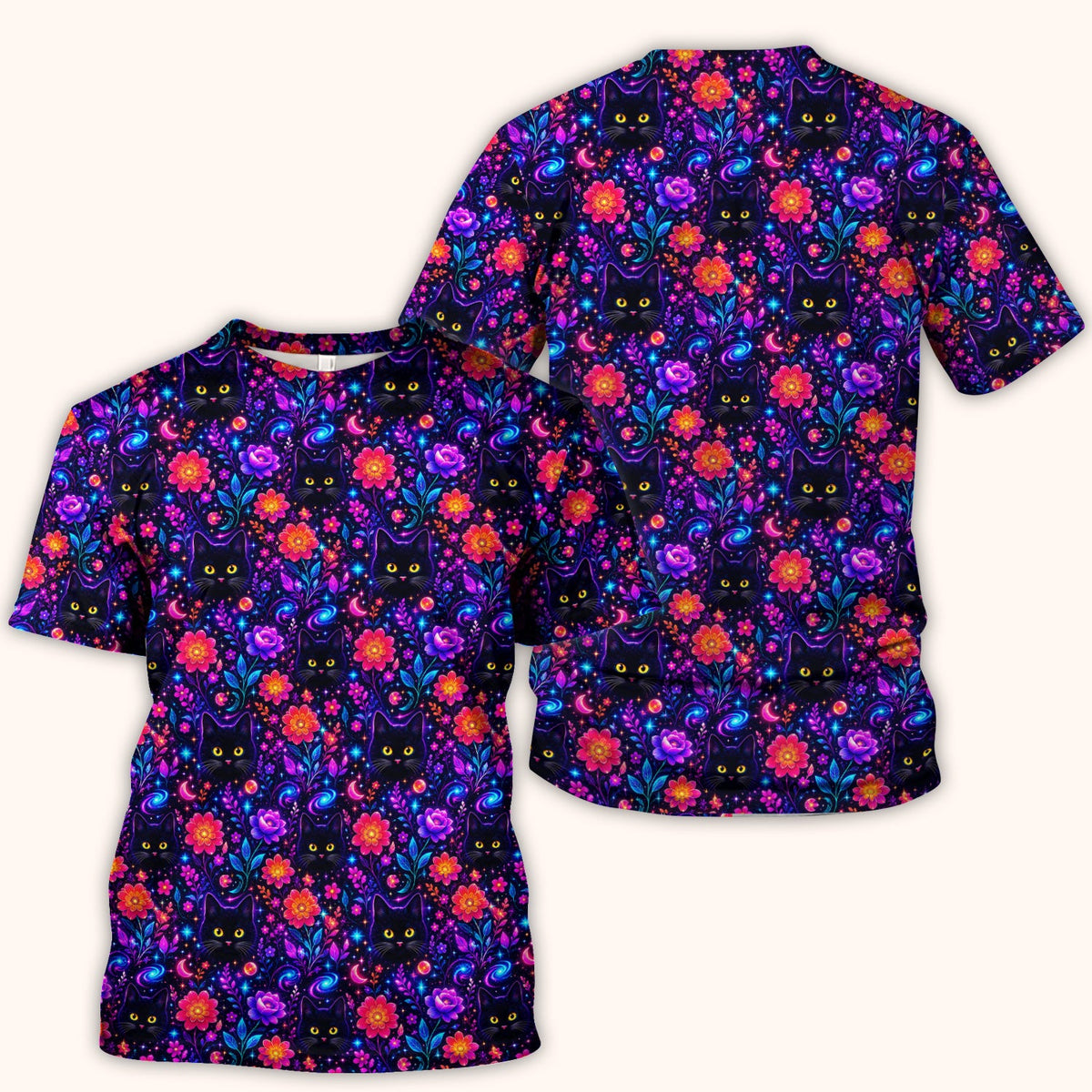 Galaxy Black Cat Floral Nurse Scrub Top