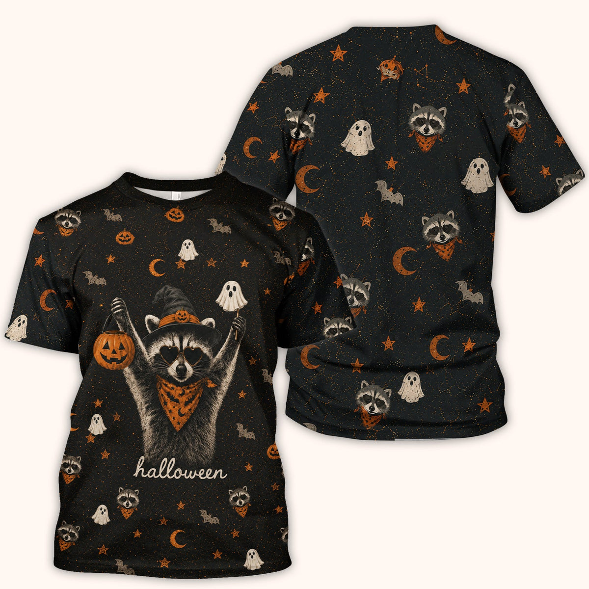 Ghost Pumpkin Raccoon Nurse Scrub Top - Halloween Gift