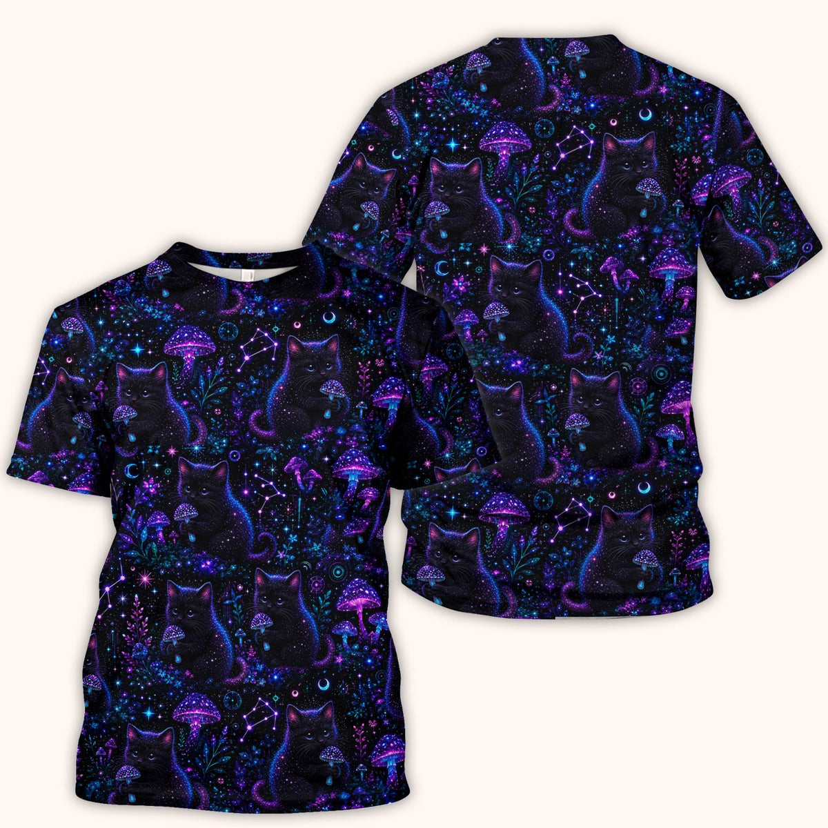 Neon Black Cat Mushroom Galaxy Nurse Scrub Top