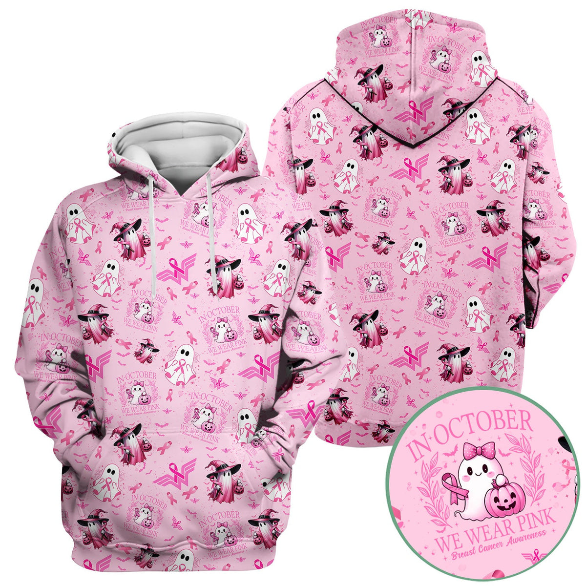 Pink Ribbon Ghost Witch Nurse Scrub Top - Breast Cancer Gift