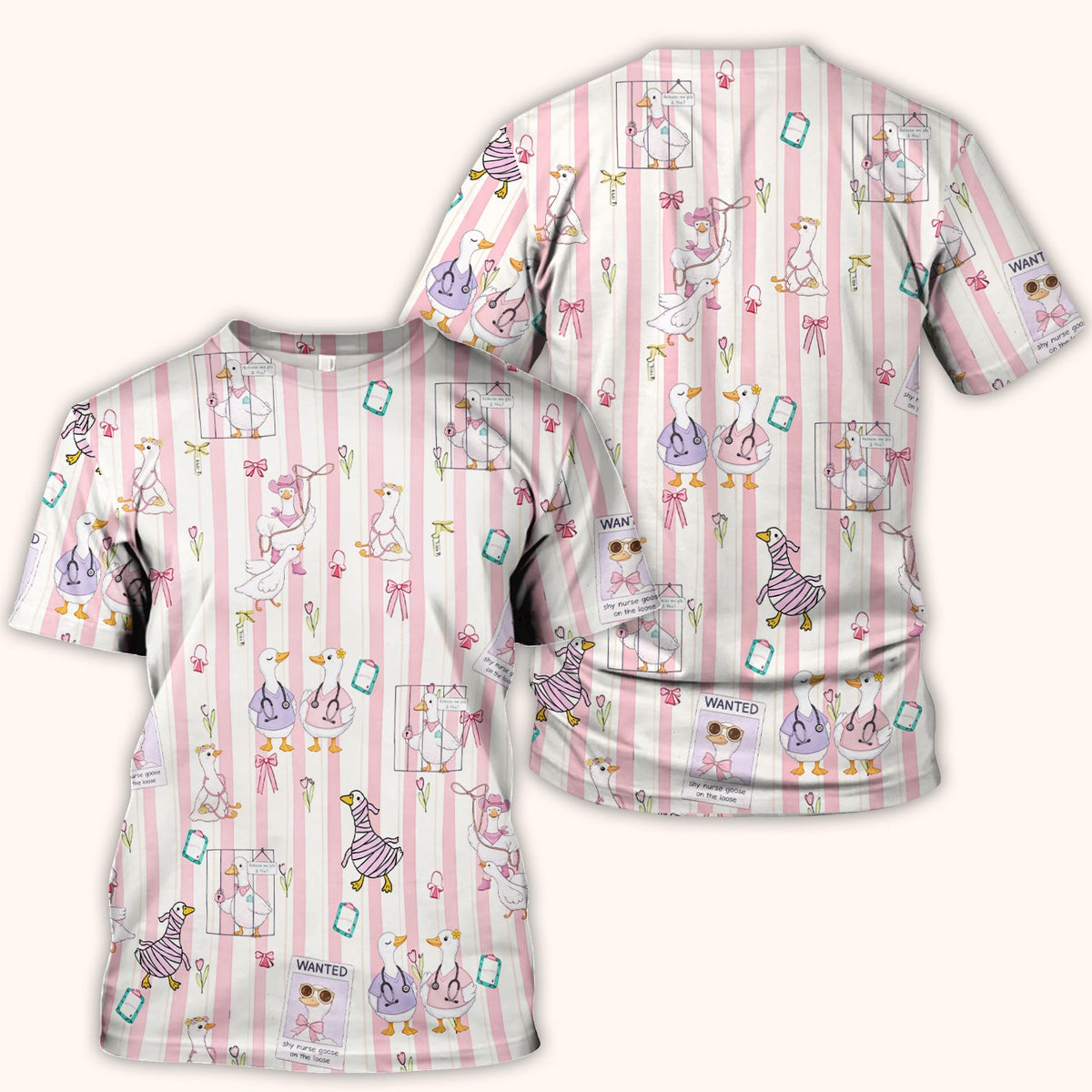 Cute Nurse Duck Stripe Pattern Scrub Top, Comfortable Scrubs for Nurses