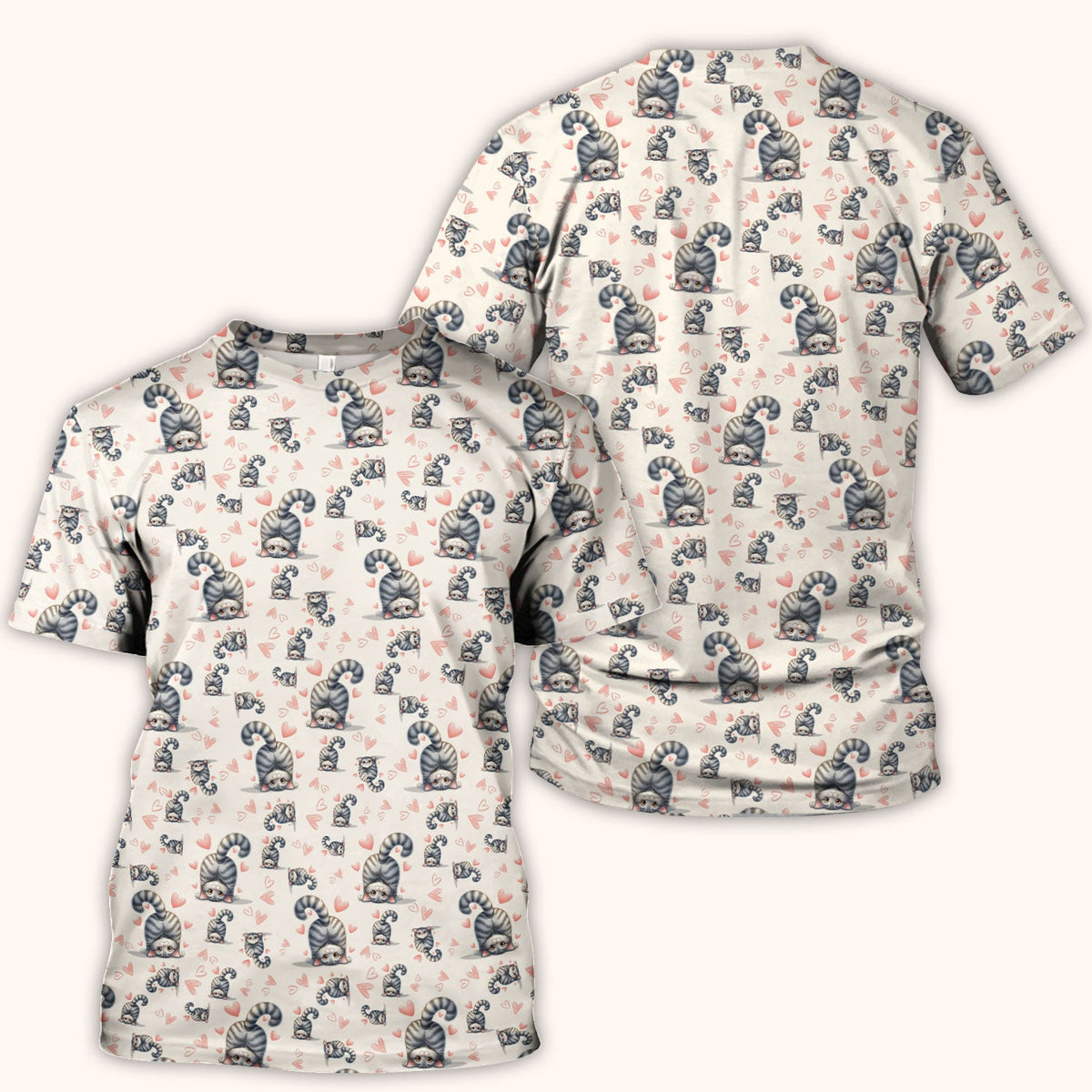 Valentine Cute Cat Scrub Top, Cat Heart Pattern Nurse Uniform, Comfortable Scrubs For Nurses