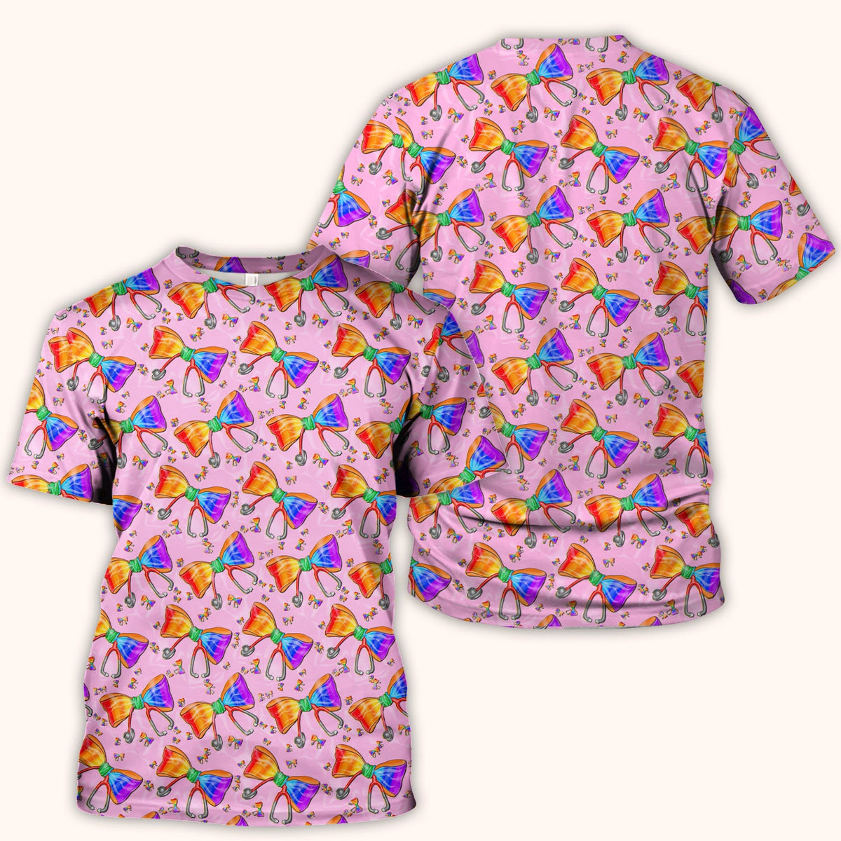 Colorful Rainbow Bow Stethoscope Nurse Scrub Top
