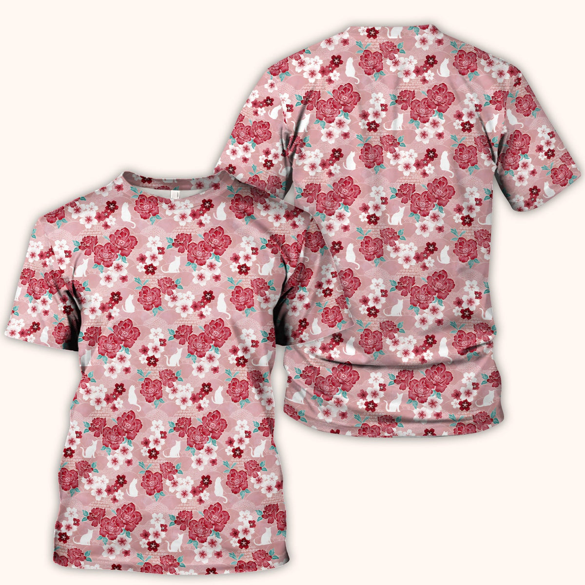 Floral White Cat Nurse Scrub Top