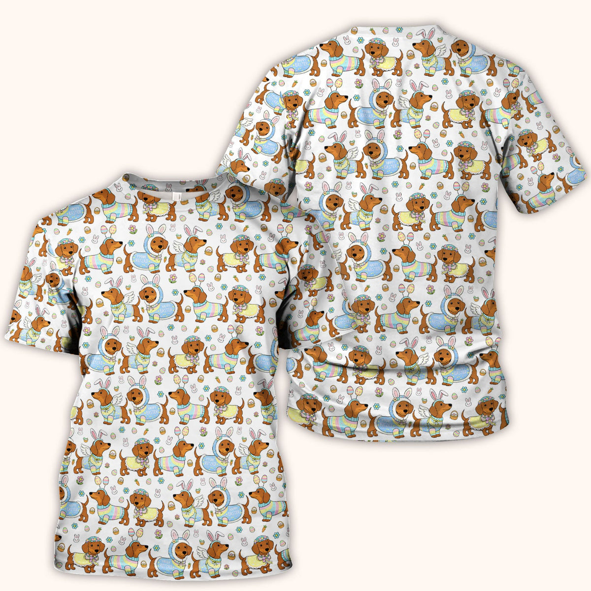 Easter Dachshund Bunny Print Scrub Top, Breathable Fabrics Nursing Uniform