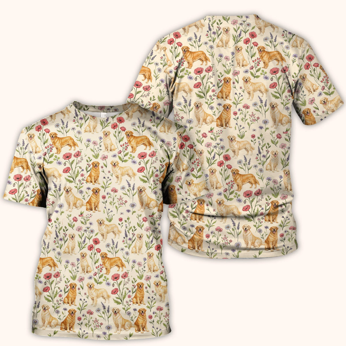 Cute Golden Retriever Floral Pattern Scrub Top, Breathable Fabrics Nursing Uniform
