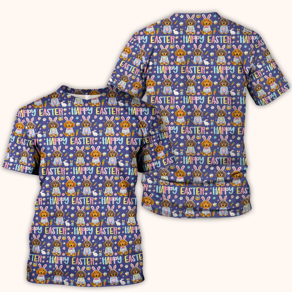 Happy Easter Dachshund Bunny Print Scrub Top, Comfortable Scrubs for Nurses